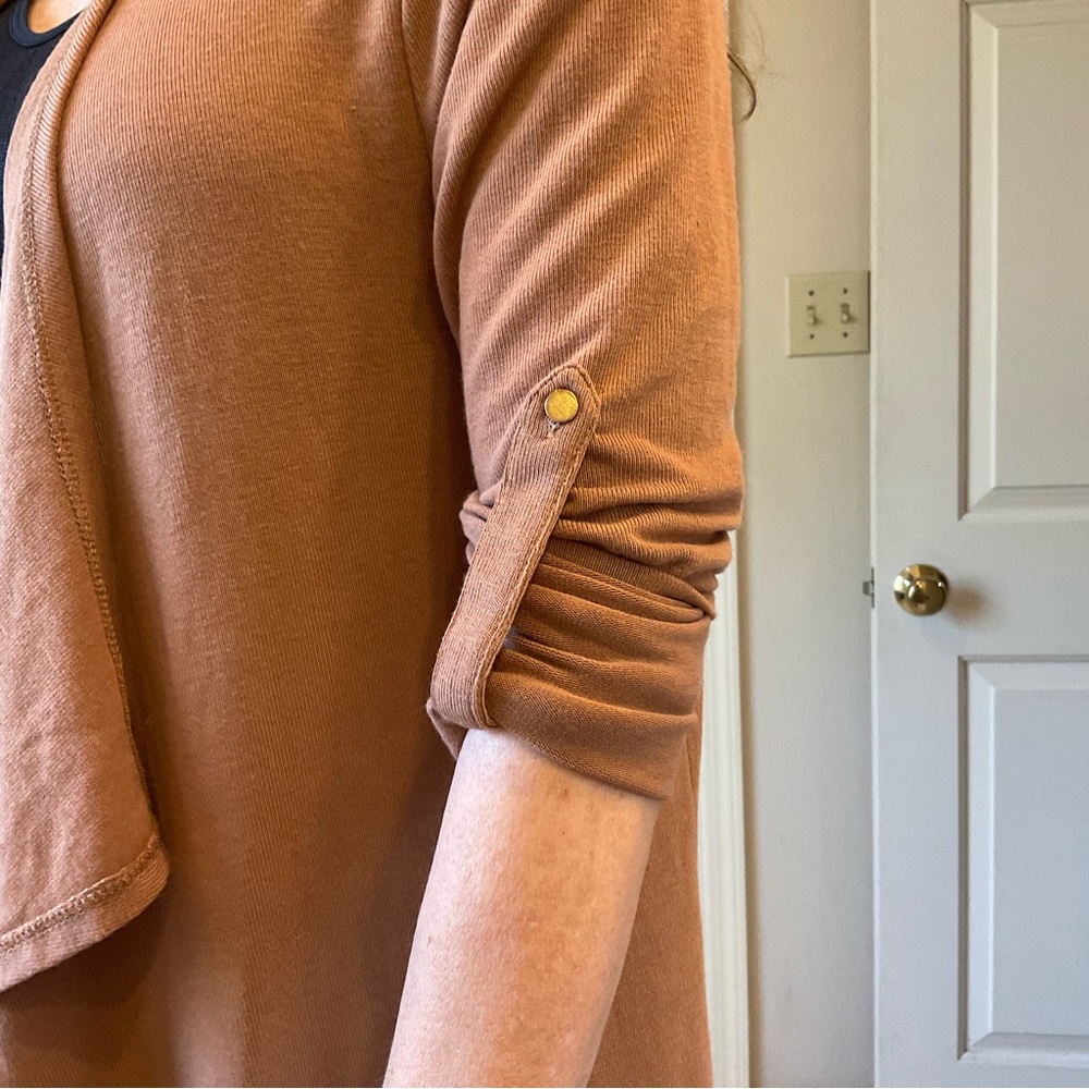 She + Sky Long sleeve knit jacket, long, solid tan wrap style, Soft! Comfy! Sz S - Picture 9 of 11